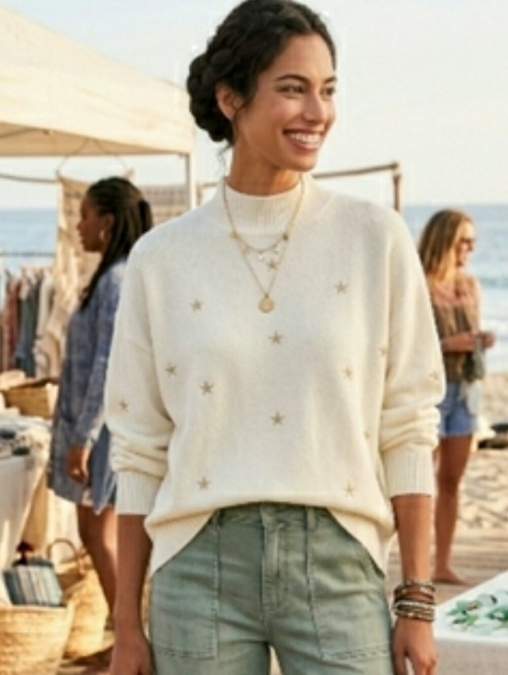Boho Chic Spring Coastal Pullover Oversized Embroidered Gold Stars Sweater New - Picture 1 of 10